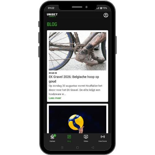 Unibet Experts blog screen with dated articles on the 2026 European Gravel Championships and other sports stories, each with a photo and a read more link.
