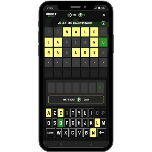 Lingoal in the Unibet Experts app: a daily sports word puzzle with a letter grid, colour-coded guesses and an on-screen keyboard, in the Unibet green palette.