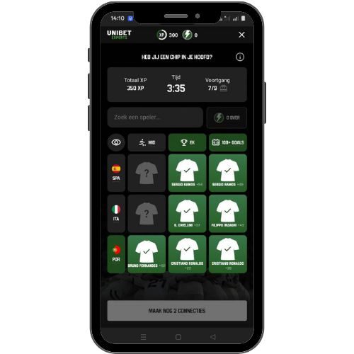 Link IX in the Unibet Experts app: a grid of football shirts to link to the right countries against a running clock, showing XP earned and progress so far.