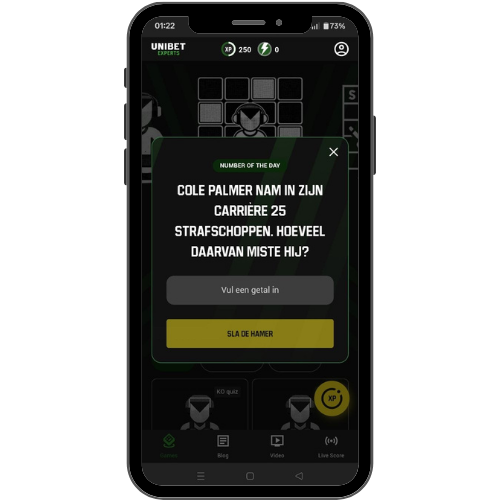 Number of the day in the Unibet Experts app: a trivia card asking how many of Cole Palmer's 25 career penalties he missed, with a field to type a number and a submit button.