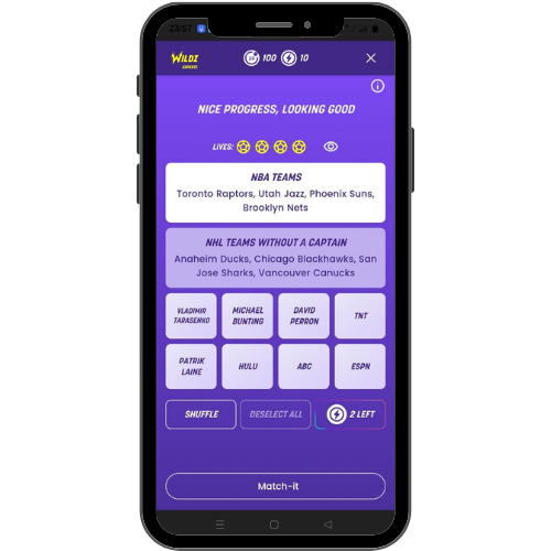 Match It in the Wildz Expertz app: a grid of names to sort into groups such as NBA teams, with lives remaining and two groups already solved.