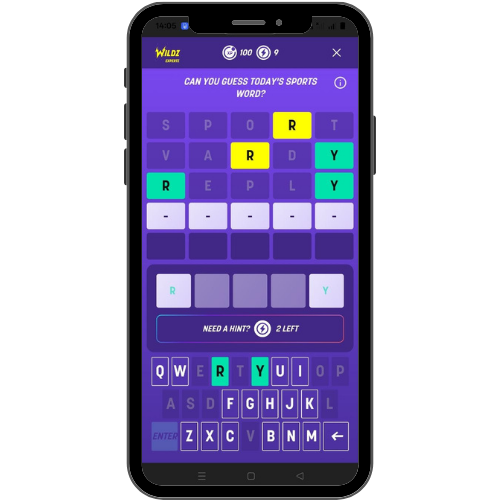 Lingoal in the Wildz Expertz app: a daily sports word puzzle with a letter grid, colour-coded guesses and an on-screen keyboard, in the Wildz purple palette.