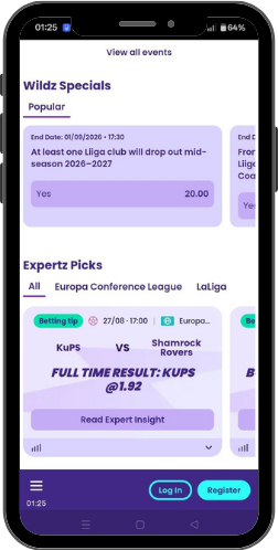 The Wildz website on a phone, with a Wildz Specials block and an Expertz Picks section listing betting tips per competition.