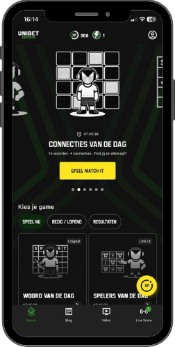 Unibet Experts games screen with the daily Connecties van de dag puzzle and a list of other games to play.