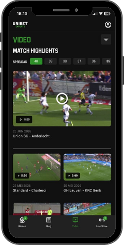 Unibet Experts video screen showing match highlights per matchday, with clips from Union SG - Anderlecht and other fixtures.