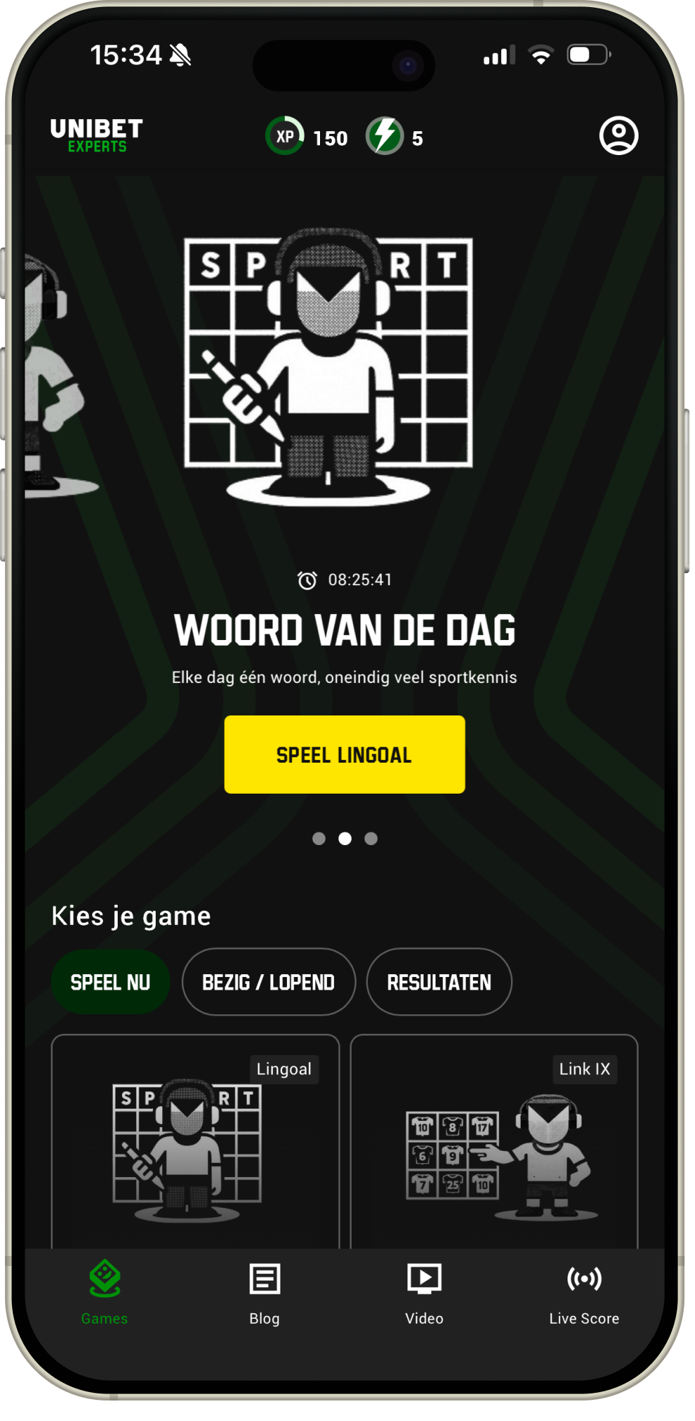 The Unibet Experts app on a phone, showing the games home screen.