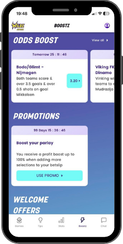 Wildz Expertz Boostz screen listing odds boosts, a parlay promotion and welcome offers.