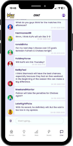 Wildz Expertz chat screen with members discussing upcoming fixtures in a live conversation.