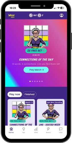 The Wildz Expertz app on a phone, showing the branded games home screen.