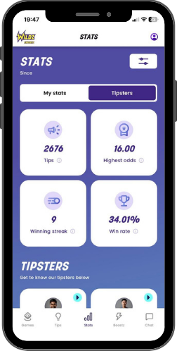 Wildz Expertz stats screen with tip count, highest odds, winning streak and win rate, plus a tipster list.