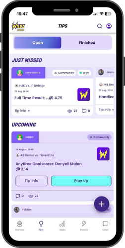 Wildz Expertz tips screen showing open and finished community tips with odds, views and comments.