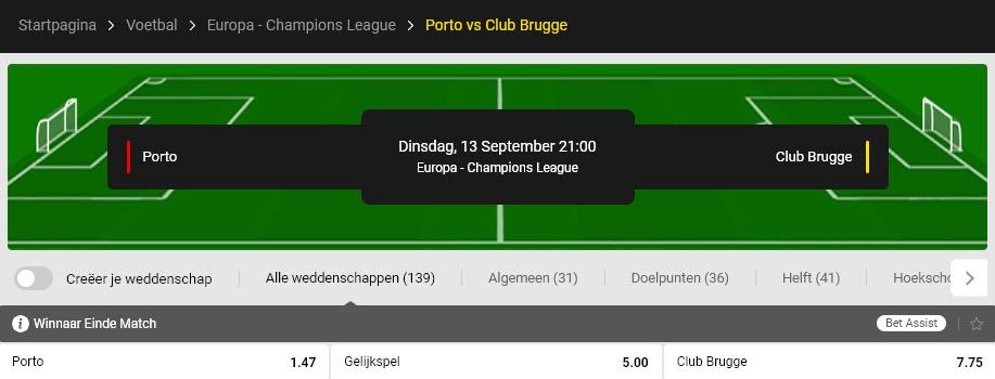 Porto Club Brugge Betfirst Odds