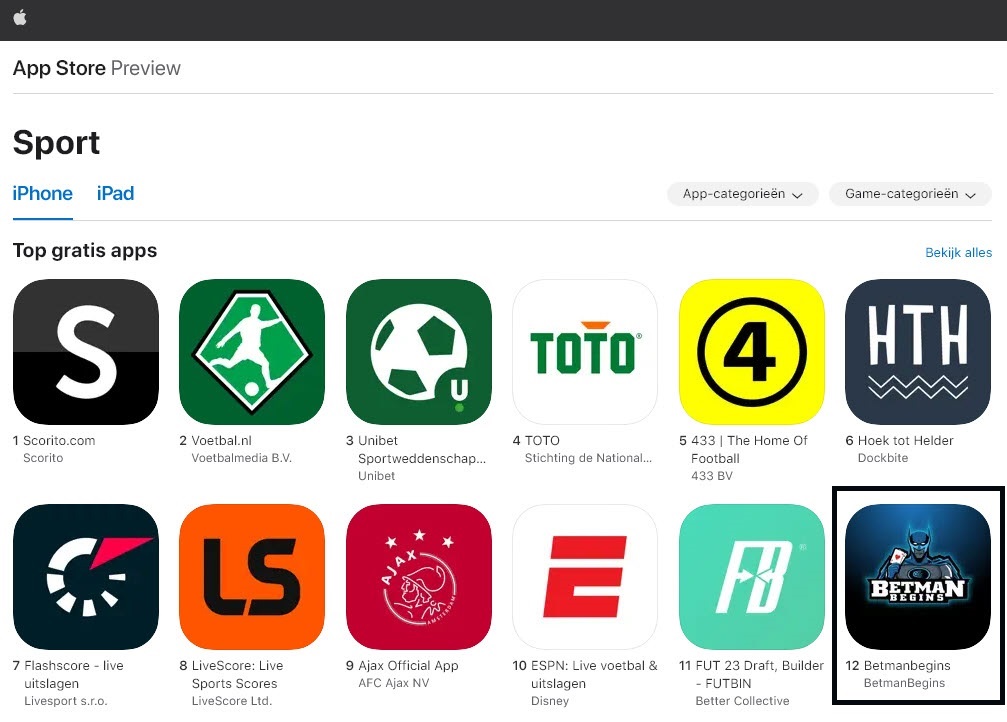 De Betmanbegins App Kreeg Een Plekje Tussen De Top Gratis Sport Apps Van Apple